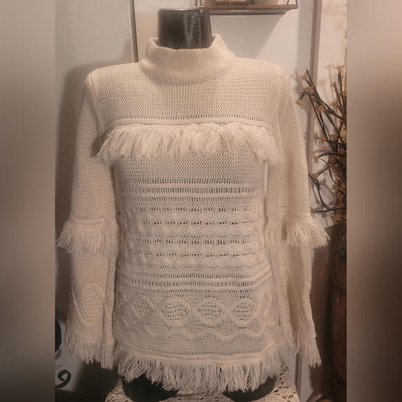 BB Dakota White Mock Neck Fringe Detailed Sweater - Picture 1 of 7